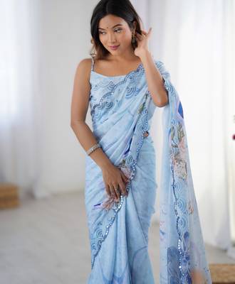 Light sky blue chinon printed saree with pape mirror work & mirror border | party & wedding wear saree 3