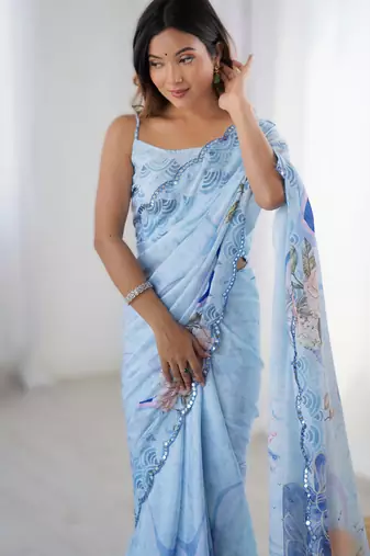 Light sky blue chinon printed saree with pape mirror work & mirror border | party & wedding wear saree