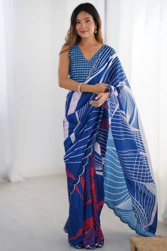Royal blue heavy chinon printed saree with pape mirror work & mirror border | designer party & wedding wear saree