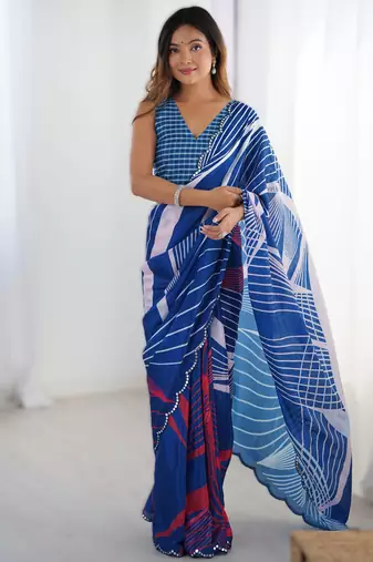 Royal blue heavy chinon printed saree with pape mirror work & mirror border | designer party & wedding wear saree