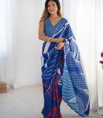 Royal blue heavy chinon printed saree with pape mirror work & mirror border | designer party & wedding wear saree