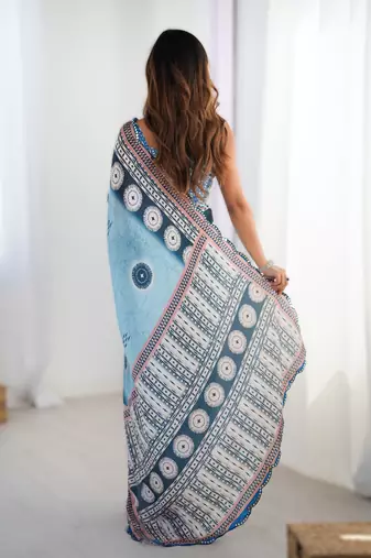 Light blue chinon printed saree with pape mirror work & mirror border | party & wedding wear saree