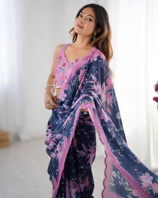 Navy blue chinon printed saree with pape mirror work & mirror border | party & wedding wear saree 3