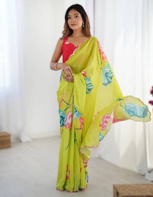 Green chinon printed saree with pape mirror work & mirror border | party & wedding wear saree 1