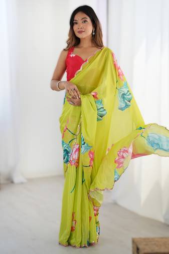 Green heavy chinon printed saree with pape mirror work & mirror border | designer party & wedding wear saree