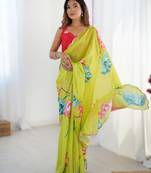 Green heavy chinon printed saree with pape mirror work & mirror border | designer party & wedding wear saree
