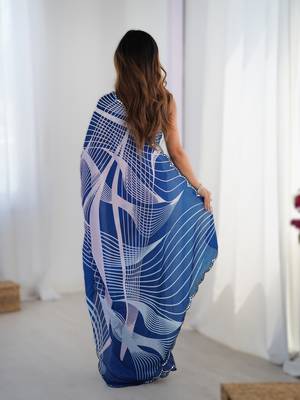 Royal blue chinon printed saree with pape mirror work & mirror border | party & wedding wear saree 2