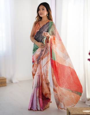 Multicolor chinon printed saree with pape mirror work & mirror border | party & wedding wear saree 1