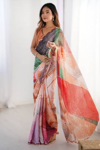 Multicolor heavy chinon printed saree with pape mirror work & mirror border | designer party & wedding wear saree