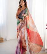 Multicolor heavy chinon printed saree with pape mirror work & mirror border | designer party & wedding wear saree
