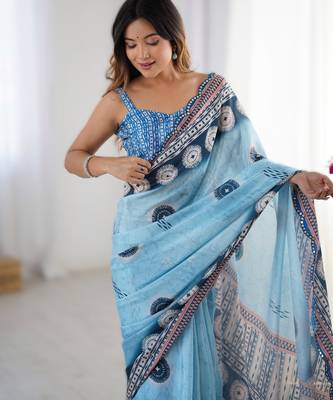 Light blue chinon printed saree with pape mirror work & mirror border | party & wedding wear saree 3