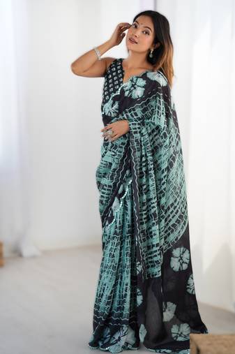 Sea green heavy chinon printed saree with pape mirror work & mirror border | designer party & wedding wear saree