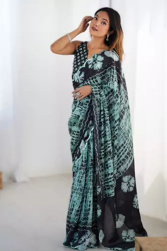 Sea green heavy chinon printed saree with pape mirror work & mirror border | designer party & wedding wear saree