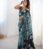 Sea green heavy chinon printed saree with pape mirror work & mirror border | designer party & wedding wear saree