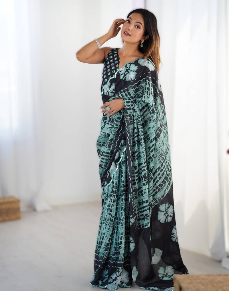 Sea green heavy chinon printed saree with pape mirror work & mirror border | designer party & wedding wear saree