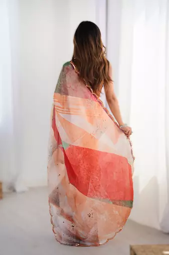 Multicolor chinon printed saree with pape mirror work & mirror border | party & wedding wear saree