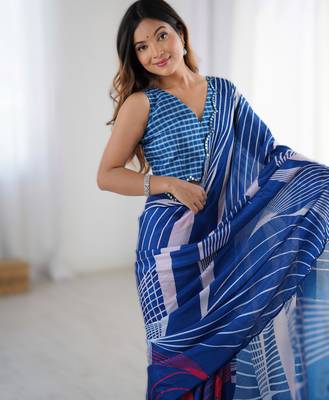 Royal blue chinon printed saree with pape mirror work & mirror border | party & wedding wear saree 3