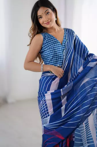 Royal blue chinon printed saree with pape mirror work & mirror border | party & wedding wear saree