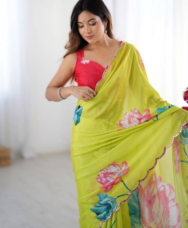 Green heavy chinon printed saree with pape mirror work & mirror border | designer party & wedding wear saree