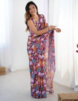 Wine chinon printed saree with pape mirror work & mirror border | party & wedding wear saree 1