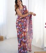 Wine heavy chinon printed saree with pape mirror work & mirror border | designer party & wedding wear saree
