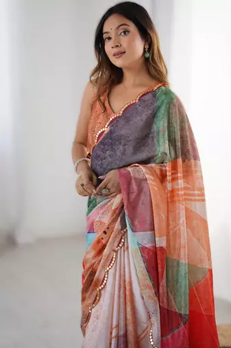 Multicolor chinon printed saree with pape mirror work & mirror border | party & wedding wear saree