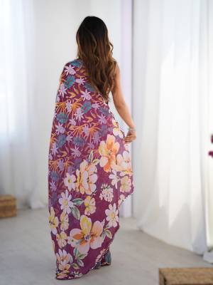 Wine chinon printed saree with pape mirror work & mirror border | party & wedding wear saree 2