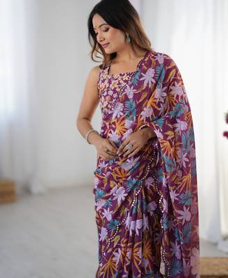 Wine chinon printed saree with pape mirror work & mirror border | party & wedding wear saree 3