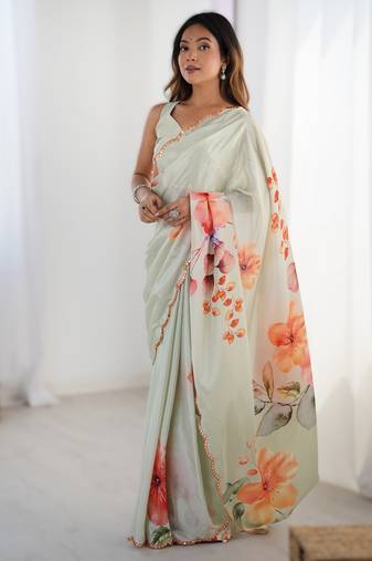 Light parrot green heavy chinon printed saree with pape mirror work & mirror border | designer saree