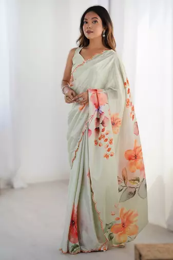 Light parrot green heavy chinon printed saree with pape mirror work & mirror border | designer saree