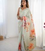 Light parrot green heavy chinon printed saree with pape mirror work & mirror border | designer saree