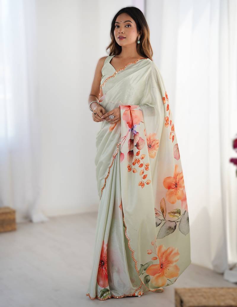 Light parrot green heavy chinon printed saree with pape mirror work & mirror border | designer saree
