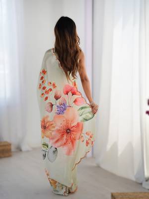 Light parrot green chinon printed saree with pape mirror work & mirror border | saree 2