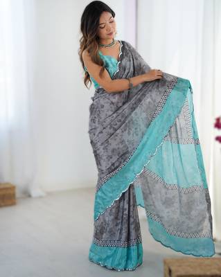 Grey chinon printed saree with pape mirror work & mirror border | party & wedding wear saree 1