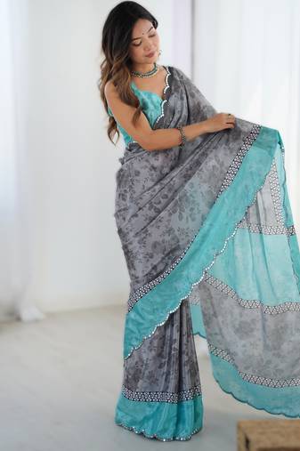 Grey heavy chinon printed saree with pape mirror work & mirror border | designer party & wedding wear saree
