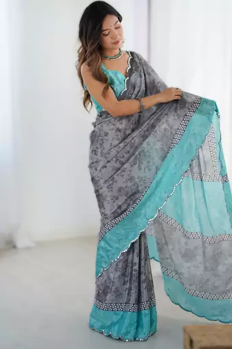 Grey heavy chinon printed saree with pape mirror work & mirror border | designer party & wedding wear saree