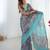 Grey heavy chinon printed saree with pape mirror work & mirror border | designer party & wedding wear saree