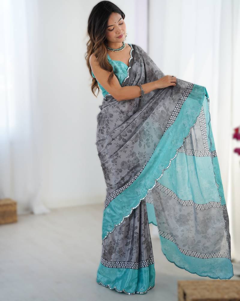 Grey heavy chinon printed saree with pape mirror work & mirror border | designer party & wedding wear saree