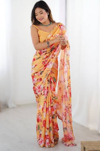 Dark yellow heavy chinon printed saree with pape mirror work & mirror border | designer party & wedding wear saree