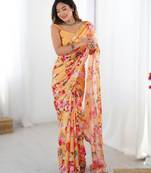 Dark yellow heavy chinon printed saree with pape mirror work & mirror border | designer party & wedding wear saree