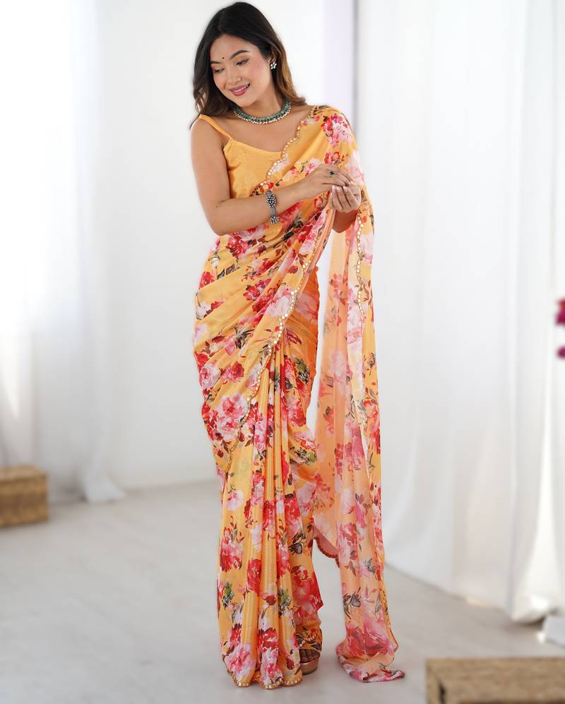 Dark yellow heavy chinon printed saree with pape mirror work & mirror border | designer party & wedding wear saree