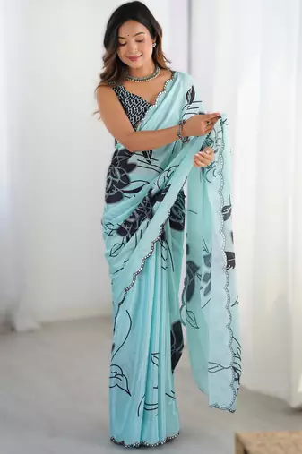 Sky blue heavy chinon printed saree with pape mirror work & mirror border | designer party & wedding wear saree