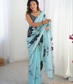 Sky blue heavy chinon printed saree with pape mirror work & mirror border | designer party & wedding wear saree
