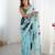 Sky blue heavy chinon printed saree with pape mirror work & mirror border | designer party & wedding wear saree