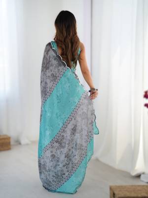 Grey chinon printed saree with pape mirror work & mirror border | party & wedding wear saree 2