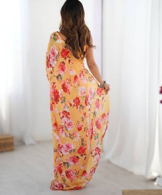 Dark yellow chinon printed saree with pape mirror work & mirror border | party & wedding wear saree 2
