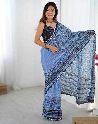 Sky blue chinon printed saree with pape mirror work & mirror border | party & wedding wear saree 1
