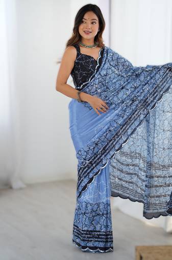 Sky blue heavy chinon printed saree with pape mirror work & mirror border | designer party & wedding wear saree