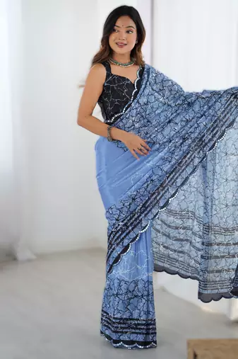 Sky blue heavy chinon printed saree with pape mirror work & mirror border | designer party & wedding wear saree