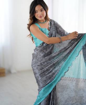 Grey chinon printed saree with pape mirror work & mirror border | party & wedding wear saree 3